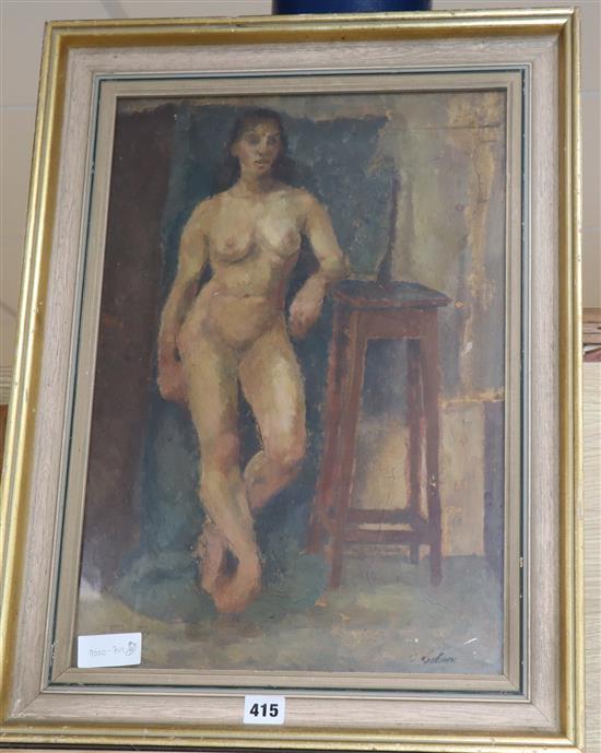 Cowan Dobson, oil on board, Female nude in a study, signed, 49 x 34cm